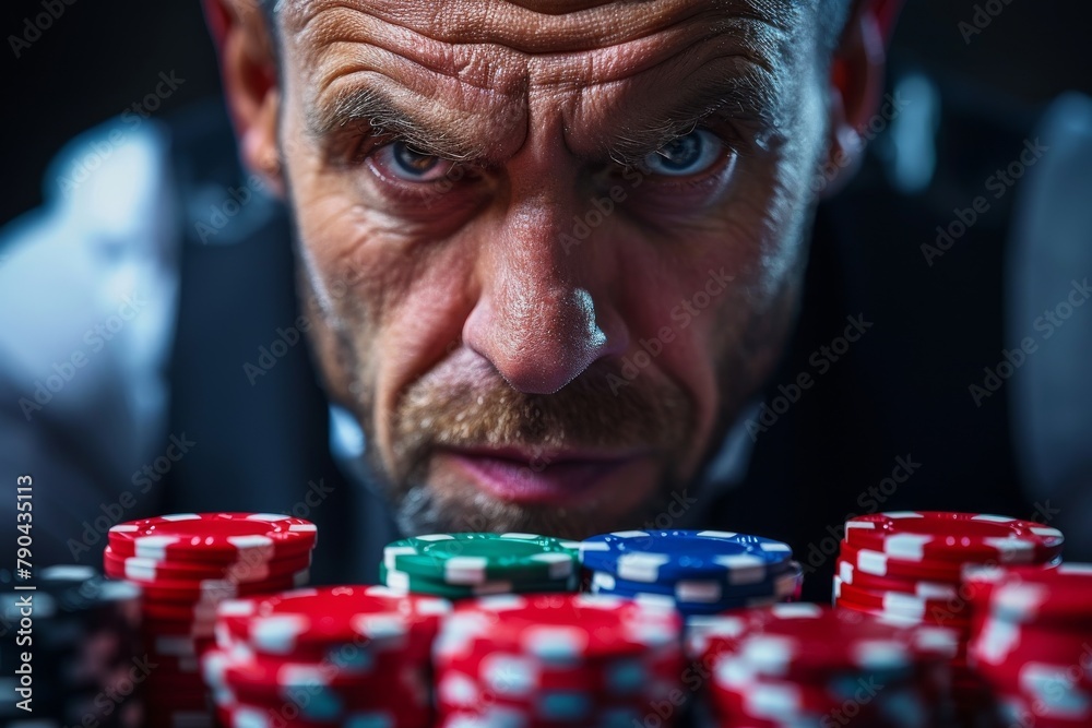 Tense atmosphere as a sharply dressed man's face is partially hidden behind a stack of poker chips during a competitive game Tense atmosphere as a sharply dressed man's face is partially hidden behind a stack of poker chips during a competitive game