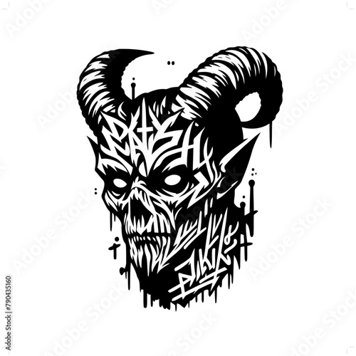 devil lucifer; satan silhouette, horror character in graffiti tag, hip hop, street art typography illustration.