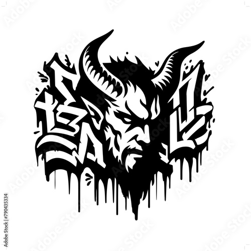 devil lucifer  satan silhouette  horror character in graffiti tag  hip hop  street art typography illustration.
