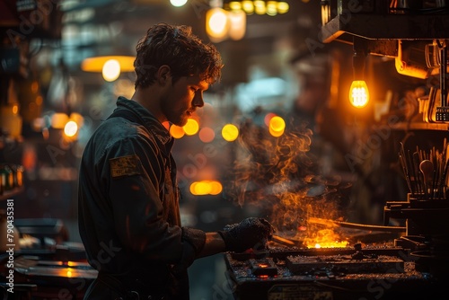 Blacksmith working during the night with glowing metal and ambient light illuminating his workshop