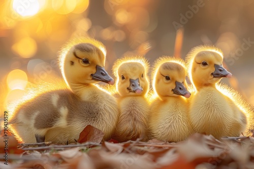 Three adorable ducklings cuddle together surrounded by autumn leaves with a warm, glowing light