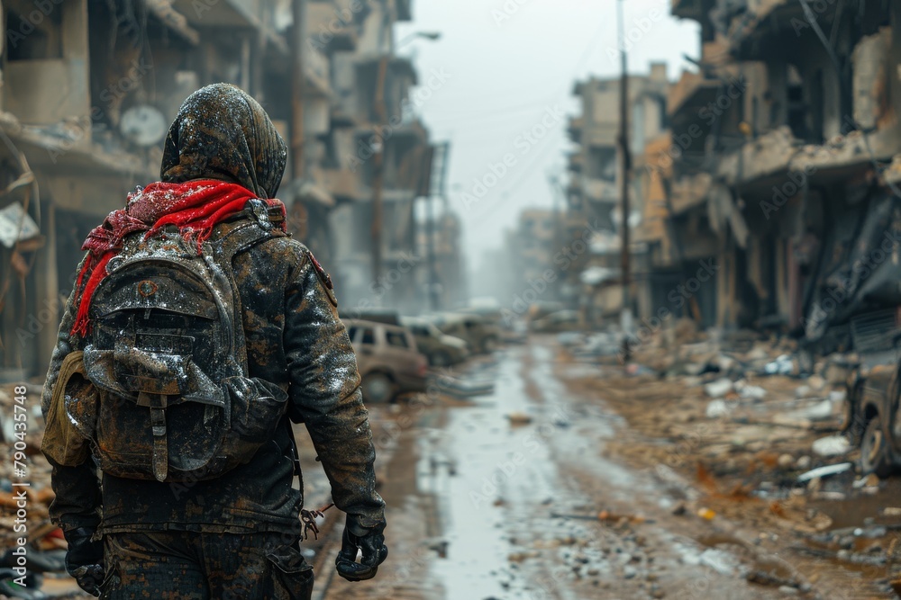 A somber image of a soldier walking with a backpack through the desolate ruins of a city ravaged by war, invoking feelings of despair and desolation