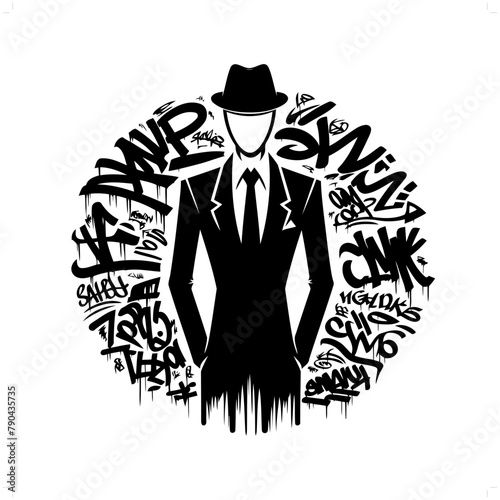 Slenderman silhouette, horror character in graffiti tag, hip hop, street art typography illustration. photo