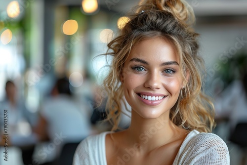 Close up of a happy woman with brown layered hair smiling in a restaurant