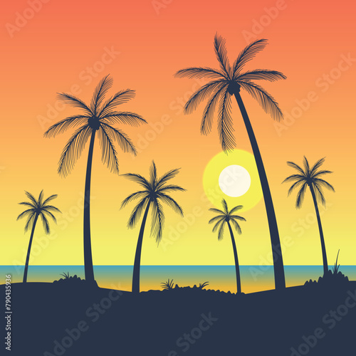 Palm leaves on beach. Vector illustration.