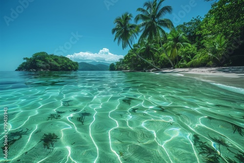 Serene tropical beach view featuring crystal clear water, lush greenery, and mountains in the distance photo