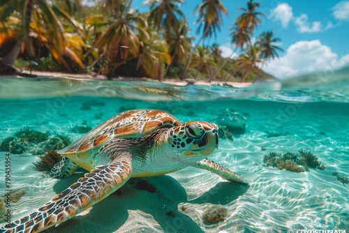 A captivating image of a sea turtle gracefully swimming in clear blue waters near the ocean's surface, with tropical palms in the background