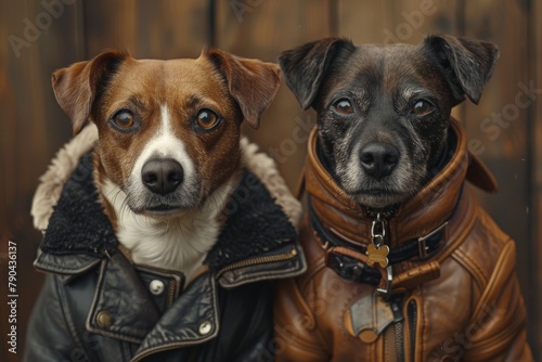 Two adorable dogs are humorously dressed in stylish leather outfits, giving off a tough yet cute biker gang vibe © Larisa AI