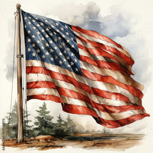 Watercolor American flag, clipart Illustration, Generative Ai
