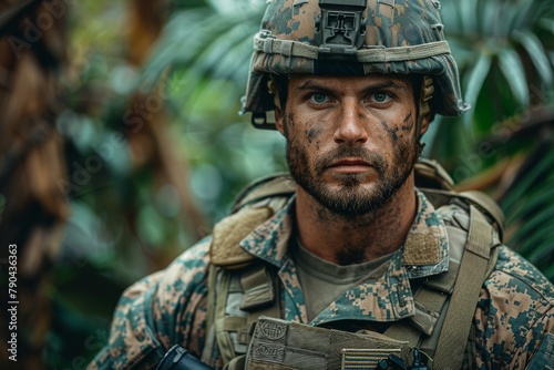 A dedicated soldier with a serious expression and military attire in a jungle environment, portraying readiness and vigilance