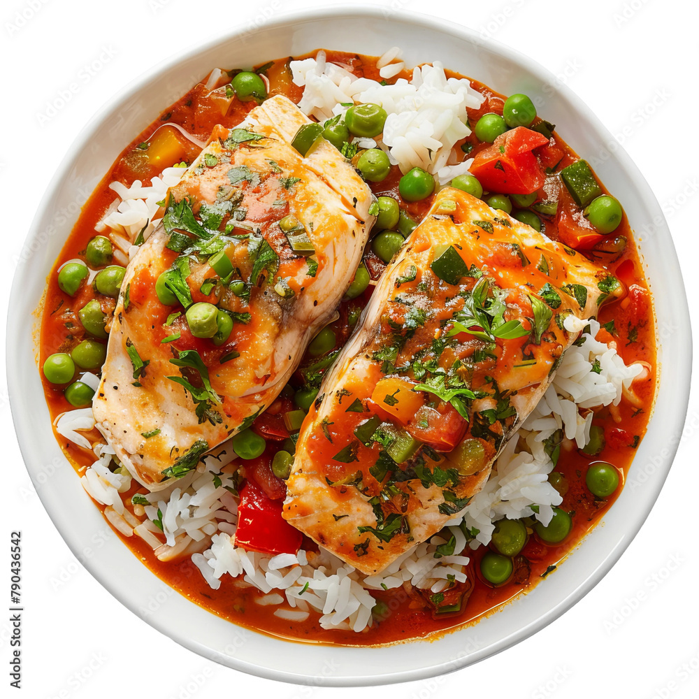 Delicious and Spicy Fish and Vegetable Rice Isolated On White Background Delicious and Spicy Fish and Vegetable Rice Isolated On White Background
