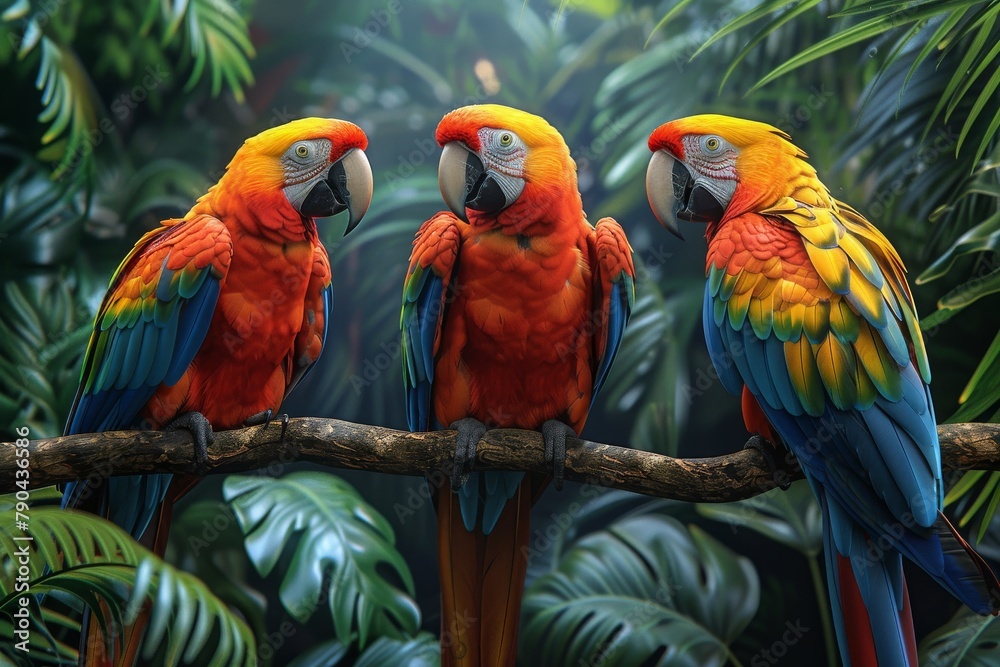 A trio of brightly colored parrots perches together on a branch, their feathers a rainbow of tropical hues amongst the green foliage