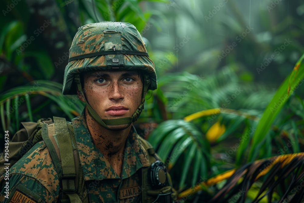 Young soldier with helmet looking watchful in a lush jungle environment