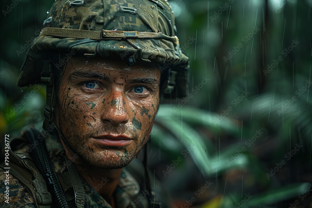 Highly detailed close-up of a soldier's face with rain drops, highlighting intense expression and camouflage makeup Highly detailed close-up of a soldier's face with rain drops, highlighting intense expression and camouflage makeup