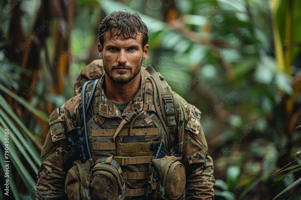 Soldier with a focused expression carrying tactical gear in a vibrant tropical environment