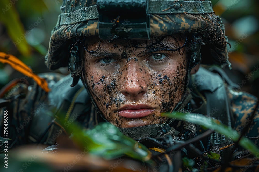 Intense image of a soldier with mud splatters on his face lying prone in a jungle setting Intense image of a soldier with mud splatters on his face lying prone in a jungle setting
