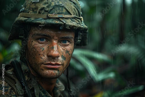 Highly detailed close-up of a soldier's face with rain drops, highlighting intense expression and camouflage makeup © Larisa AI
