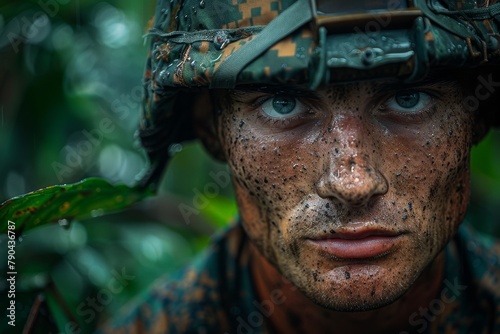 Close up of an unseen soldier in the jungle, the focus on wet leaves and mist humanizing the unseen photo