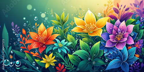 A vibrant and colorful illustration of flowers, with each flower exhibiting a unique color and type, set against a backdrop that appears to be a sunset or sunrise.