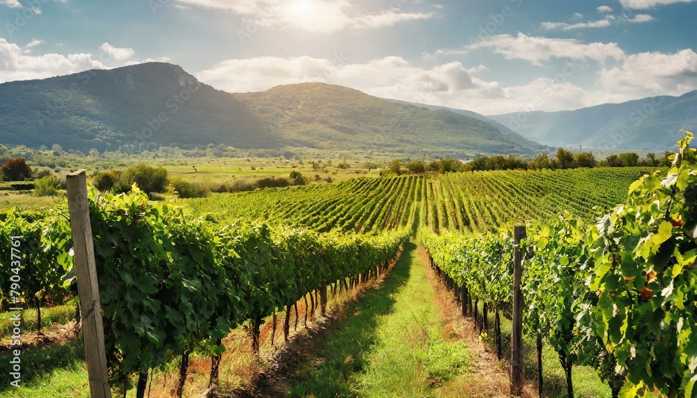 A picturesque vineyard bathed in sunlight, rows of grapevines stretching into the distance, framed by distant mountains.