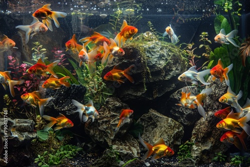 Goldfish symphony. Harmonizing with aquatic flora and stones