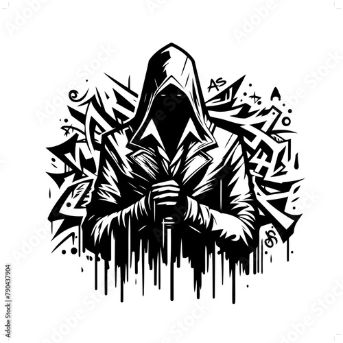 assasin silhouette, people in graffiti tag, hip hop, street art typography illustration.