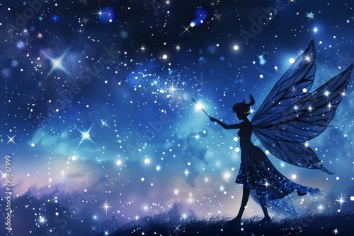 Silhouette of a fairy against a starry night sky. © Dina