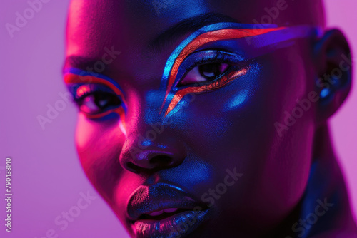 Headshot of a bald black woman with striking colorful makeup on purple studio background