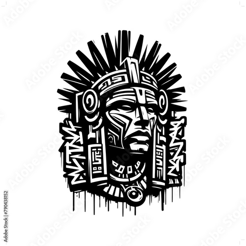 aztec warrior silhouette, people in graffiti tag, hip hop, street art typography illustration.