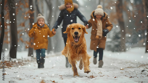 Happy family playing with their golden retriever in the winter park