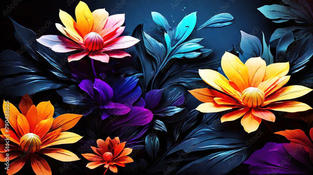 Abstract floral with leaves and tropical flowers dark background Abstract floral with leaves and tropical flowers dark background