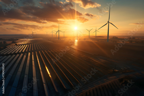 A Harmonious Depiction of Solar Panels and Wind Turbines Harnessing Renewable Energy at Sunset