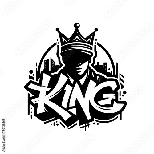 king silhouette, people in graffiti tag, hip hop, street art typography illustration.