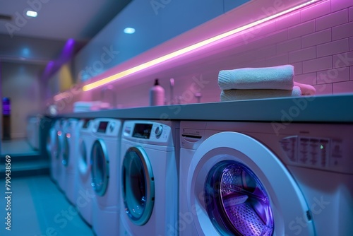 Modern laundromat interior with neon lighting