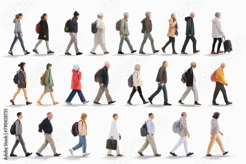 Set of walking people on an isolated background. Men and women, boys and girls, grandparents go side view 3D avatars set vector icon, white background, black colour icon © Ahtesham