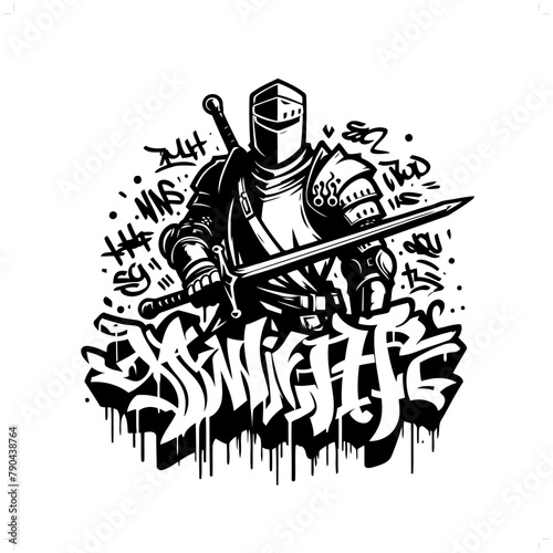 knight silhouette, people in graffiti tag, hip hop, street art typography illustration.