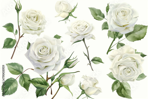 set of white roses watercolor illustration. hand drawn, isolated white background, flower clipart, for bouquets, wreaths, arrangements, wedding invitations, anniversary, birthday, postcards, greetings photo