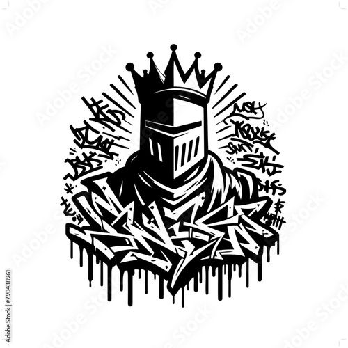 knight silhouette, people in graffiti tag, hip hop, street art typography illustration.