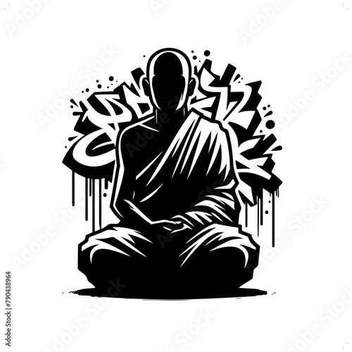 monk silhouette, people in graffiti tag, hip hop, street art typography illustration.