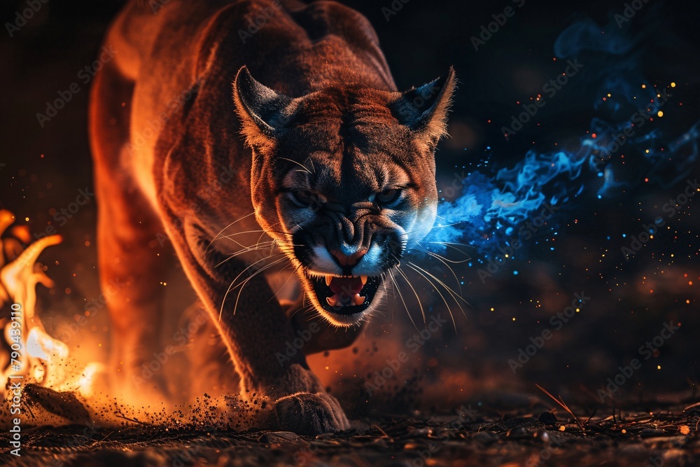 Beautiful big puma with fire on black background. Wildlife scene. Angry big cat in fiery ambience. Beautiful big puma with fire on black background. Wildlife scene. Angry big cat in fiery ambience.