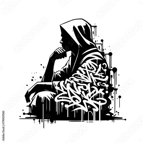 monk silhouette, people in graffiti tag, hip hop, street art typography illustration.