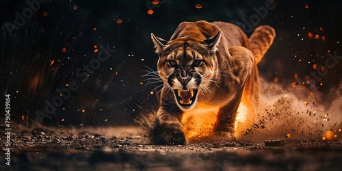 Beautiful big puma with fire on black background. Wildlife scene. Angry big cat in fiery ambience. photo