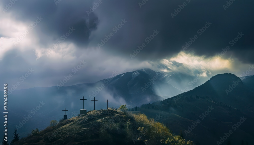 Fototapeta premium The Christianity themed on a background with dramatic at dawn, the spirit of preaching the Gospel throughout the world. A beautiful sea of ​​clouds, dark clouds and sky and sunbeams