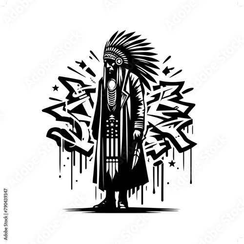 indian; native america silhouette, people in graffiti tag, hip hop, street art typography illustration.