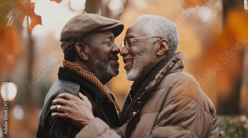 Happy elderly african american gay male couple kissing. Diversity equality & inclusion at pride month. LGBTQ+ black men embracing outside in nature. Love concept. Copy space
