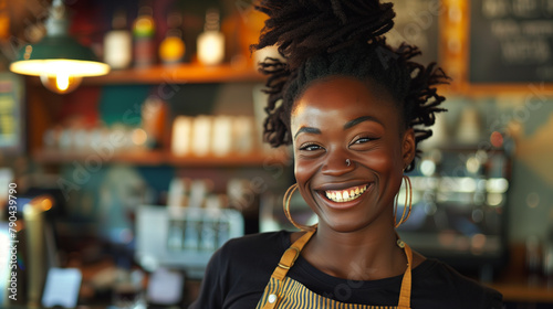 Happy young black african american female coffee barista smiling in independent coffee shop. supporting small businesses during recession. Copy space
