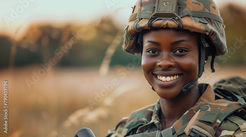 Happy black african american female army soldier in camouflage protective uniform. Inclusion & diversity in the army. Woman serving her country in military war. Labor Day, 4th May, copy space photo
