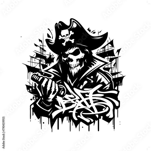 pirate silhouette, people in graffiti tag, hip hop, street art typography illustration.