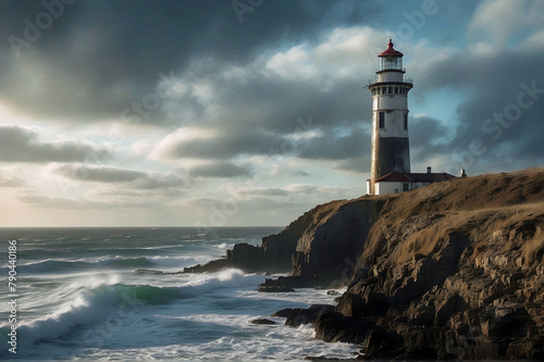Picturesque Illustration Lighthouse On Cliff Overlooking Sea Evening Dusk Stormy