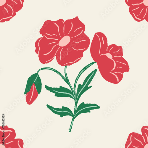 Red textured vintage flower seamless repeat pattern with cream background
